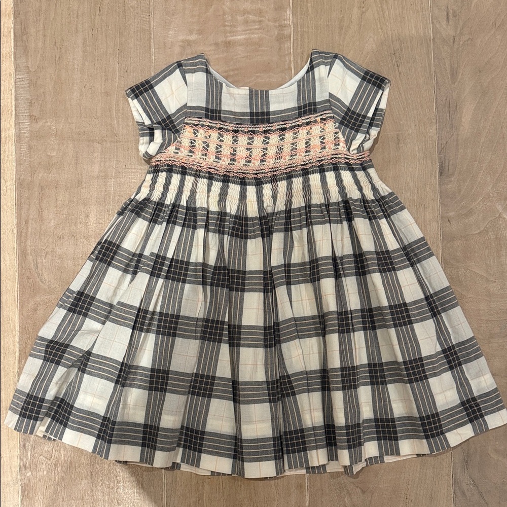 Bonpoint White and Black Plaid Smocked Dress with Pink Detail